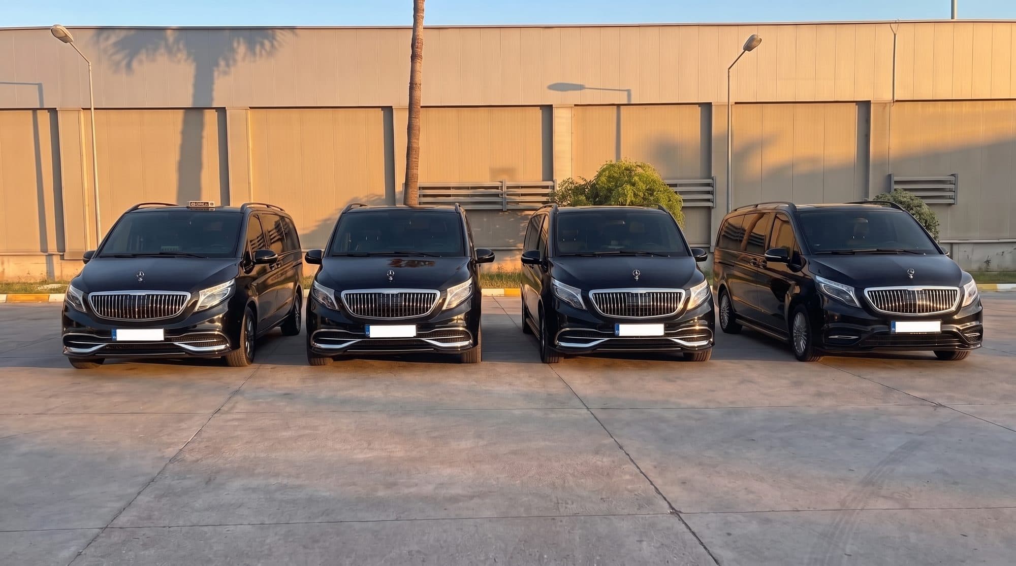 Antalya VIP transfer filosu — sıralanmış dört siyah Mercedes Vito